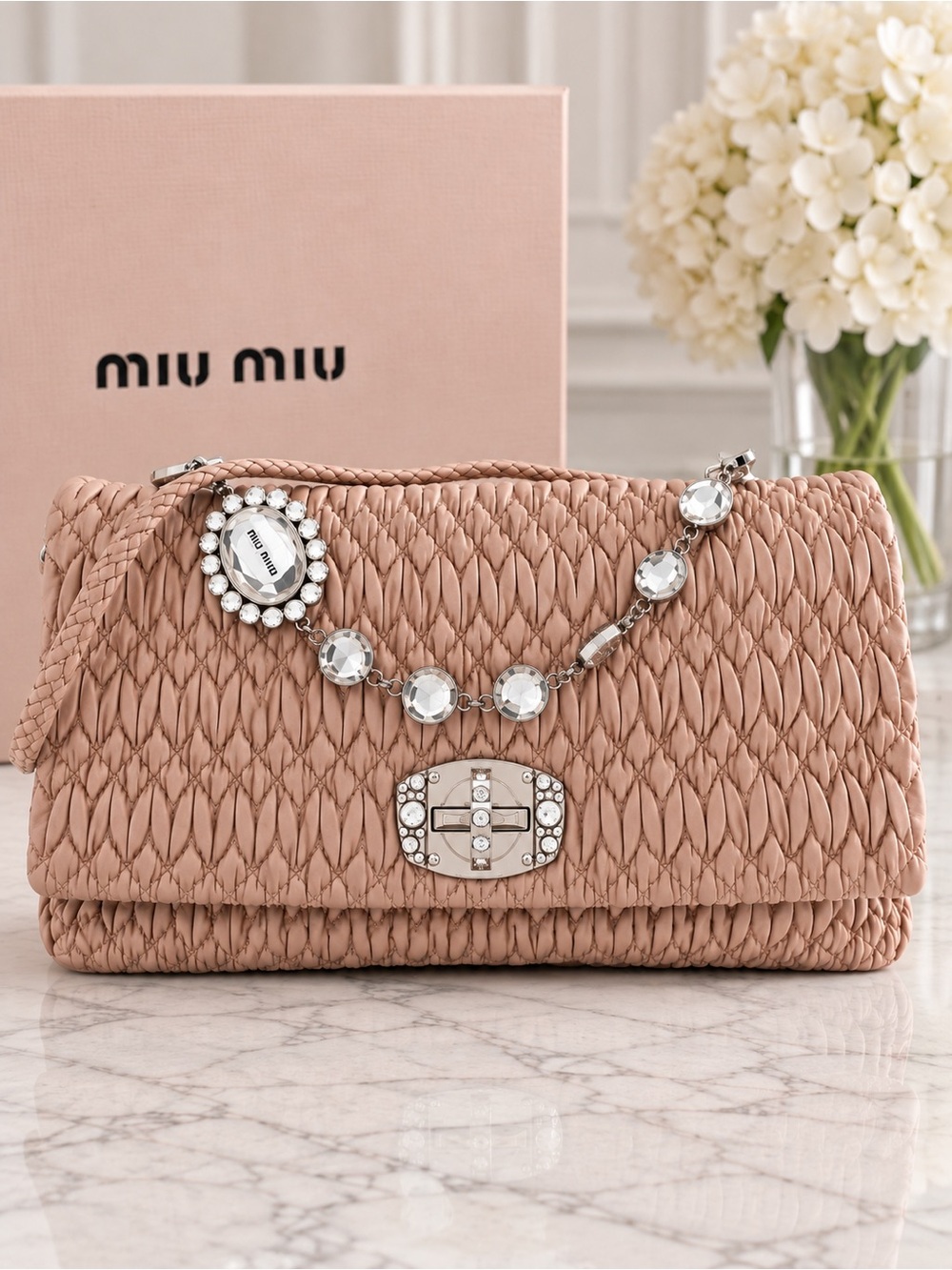 Miu Miu Nappa Matelassé Crystal Flap Clutch – Cammeo